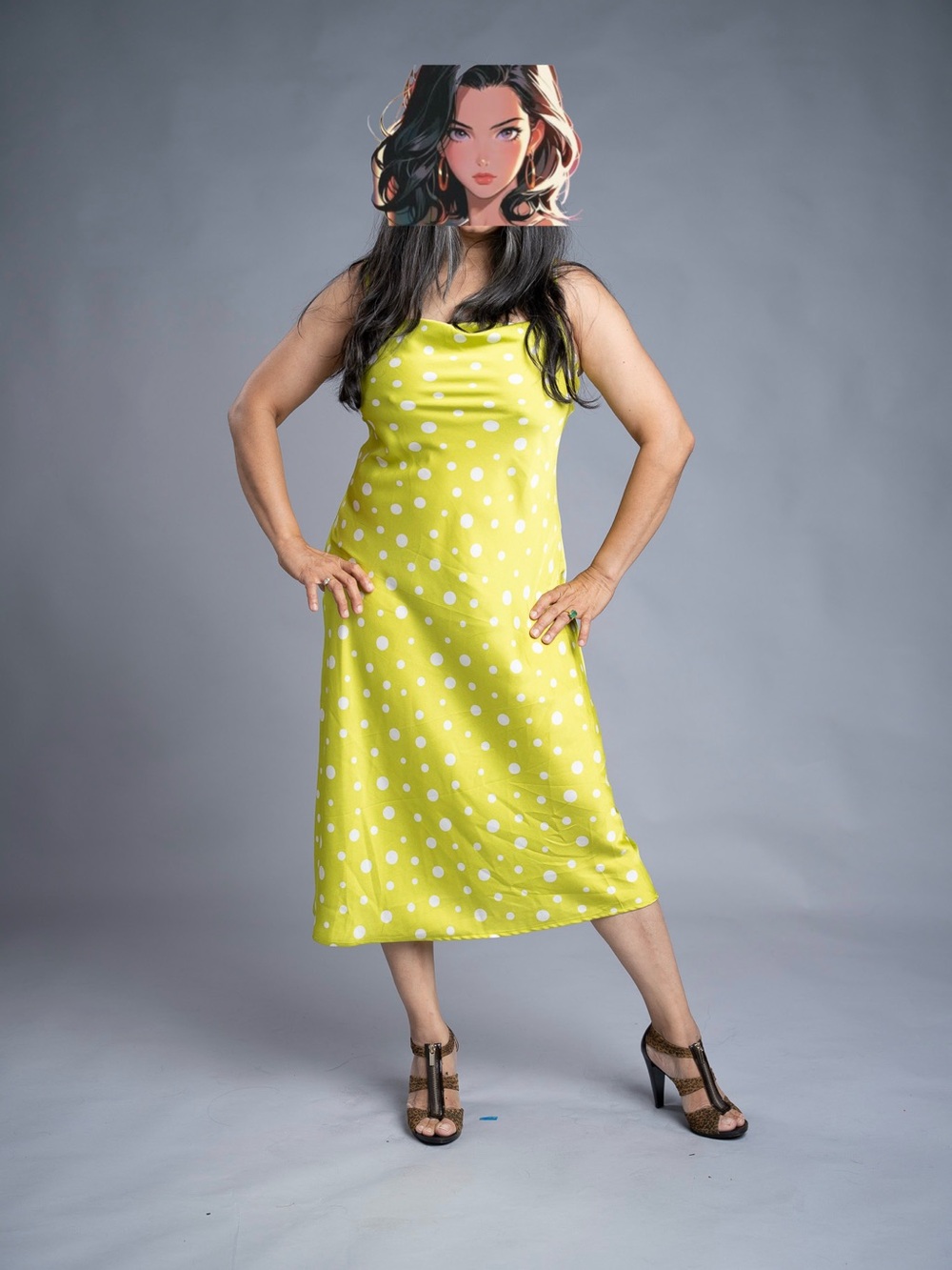 Sara Michelle Lime Yellow Polka Dot Slip Midi Dress